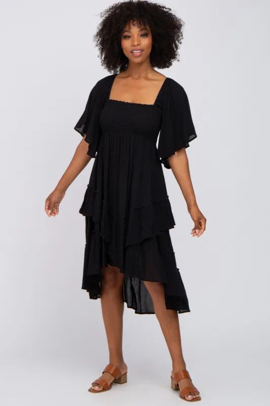 Black Smocked Asymmetric Tiered Midi Dress sold by Pinkblush