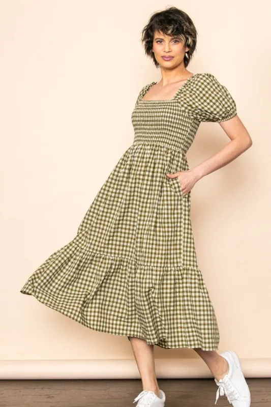 Olive Gingham Smocked Midi Dress sold by Pinkblush