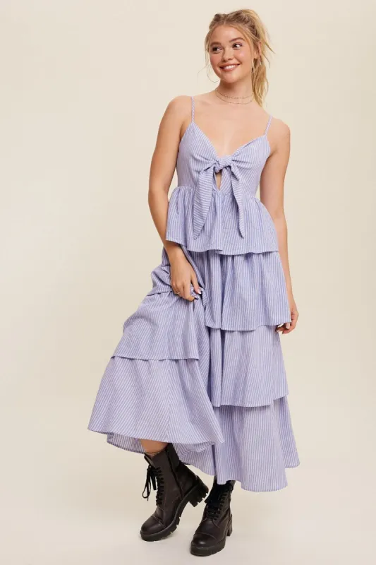 Blue Pinstripe Front Tie Tiered Maxi Dress sold by Pinkblush