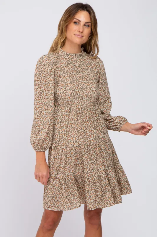 Beige Floral Shirred Mock Neck Dress sold by Pinkblush