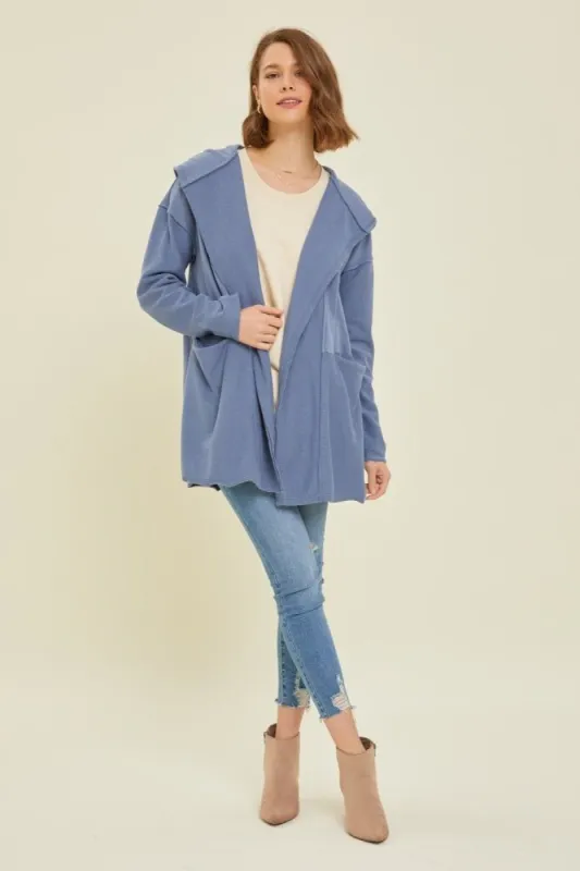 Blue Raw Hem Hooded Cardigan sold by Pinkblush