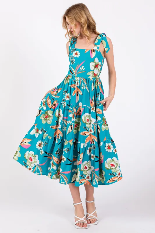 Turquoise Sleeveless Floral Tiered Midi Dress sold by Pinkblush