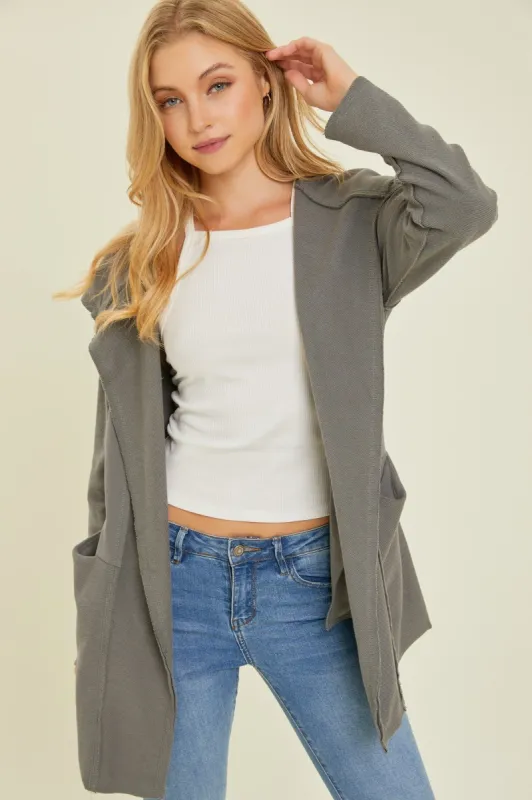 Charcoal Raw Hem Hooded Cardigan sold by Pinkblush