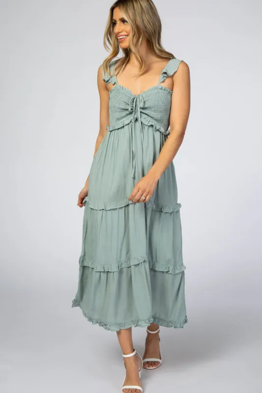 Dusty Mint Ruffle Tiered Midi Dress sold by Pinkblush