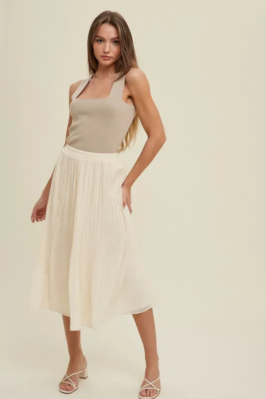 Cream Swiss Dot Pleated Midi Skirt sold by Pinkblush