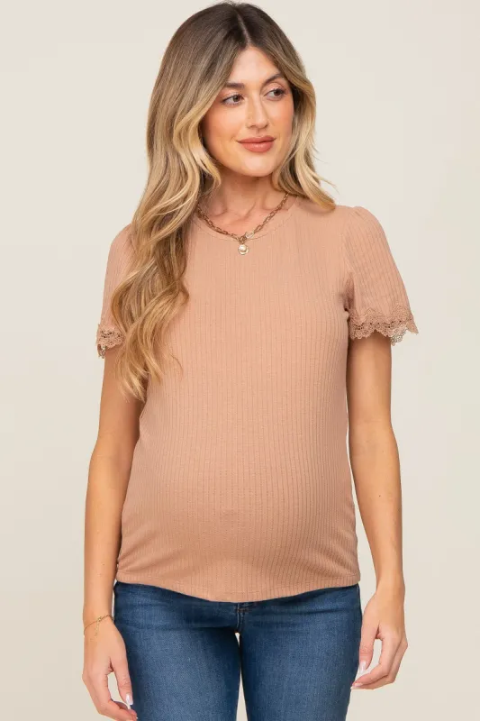 Taupe Ribbed Lace Trim Maternity Top sold by Pinkblush