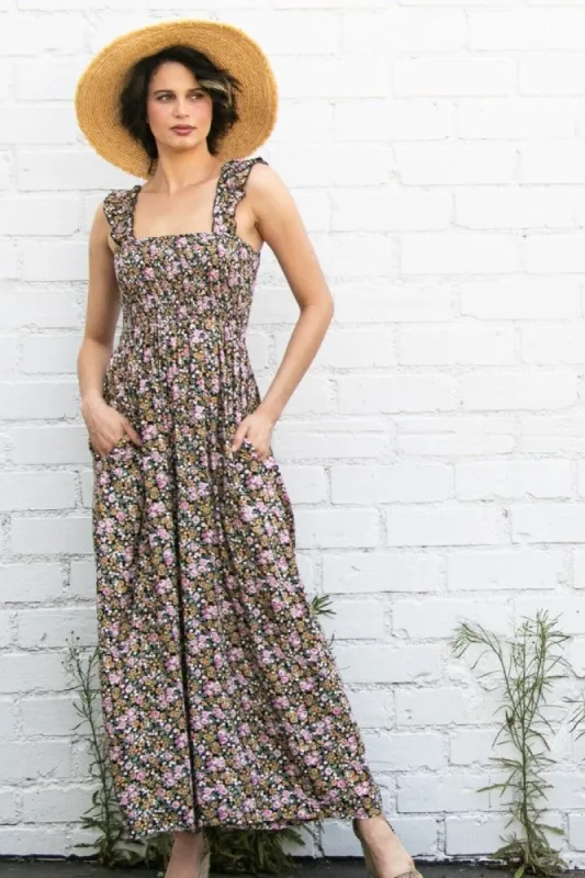 Black Sleeveless Floral Smocked Ruffle Jumpsuit sold by Pinkblush