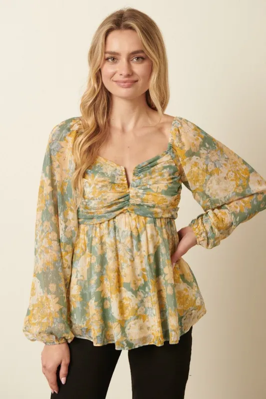 Sage Combo Flower Print Ruching  Detail Blouse sold by Pinkblush