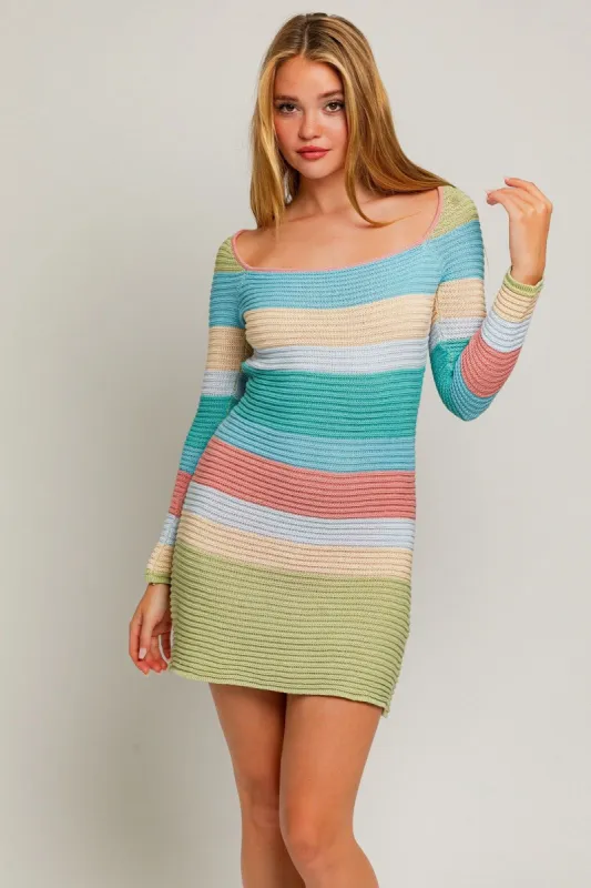 Sage Multi Stripe Long Sleeve Square Neck Stripe Crochet Mini Dress sold by Pinkblush