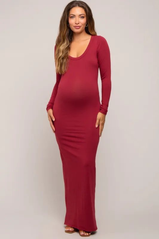 Burgundy Solid Long Sleeve Scoop Neck Maternity Maxi Dress sold by Pinkblush
