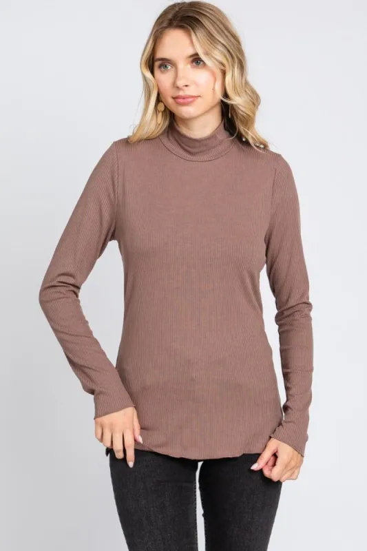 Brown Ribbed Long Sleeve Turtle Neck Top sold by Pinkblush