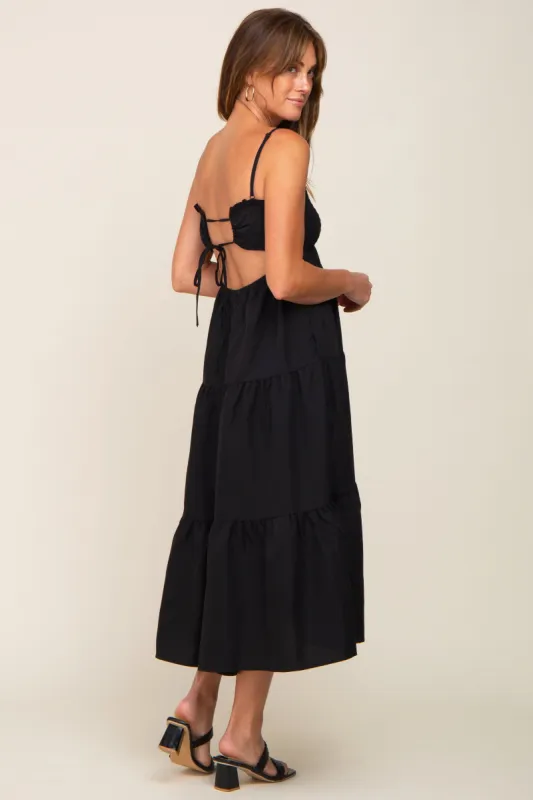 Black Smocked Open Back Tiered Midi Dress sold by Pinkblush