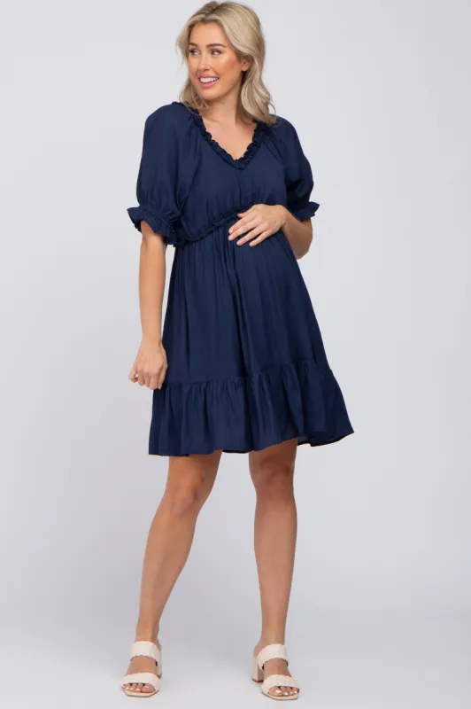 Navy Ruffle Accent Maternity Dress sold by Pinkblush