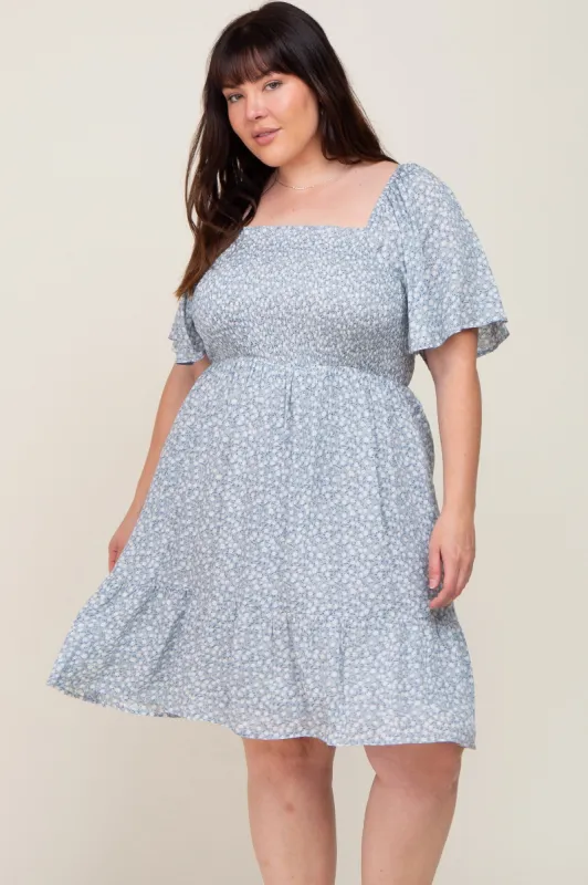 Light Blue Floral Smocked Square Neck Ruffle Hem Plus Dress sold by Pinkblush