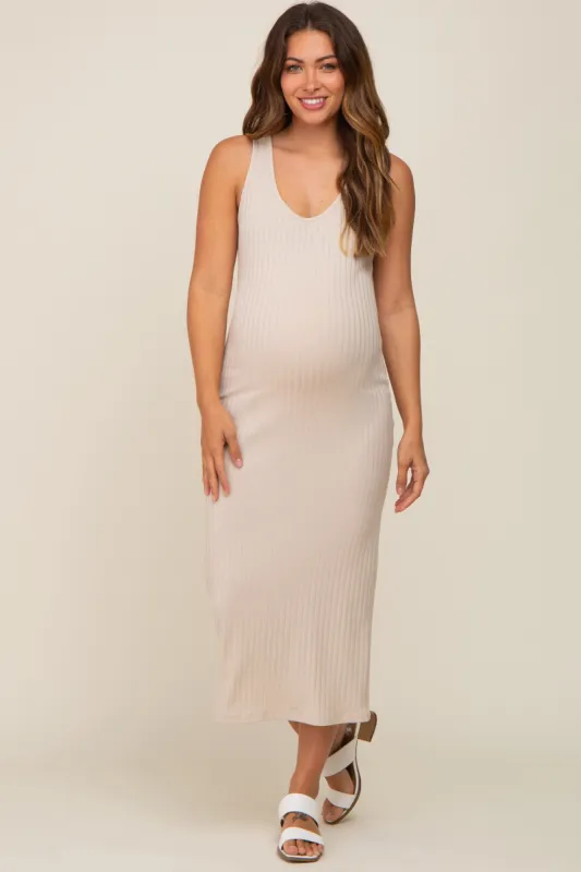 Beige Ribbed Back Tie Maternity Midi Dress sold by Pinkblush