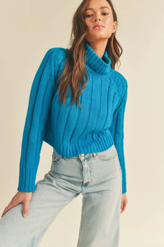 Teal Blue Cable Knit Turtleneck Sweater sold by Pinkblush