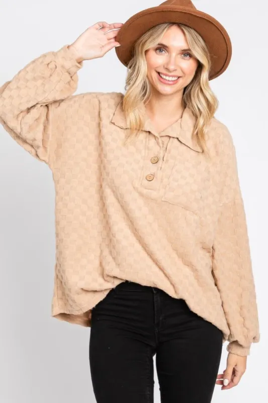 Taupe Fuzzy Checkered Button Front Top sold by Pinkblush
