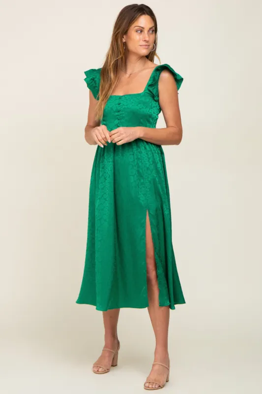 Green Satin Floral Square Neck Ruffle Strap Midi Dress sold by Pinkblush