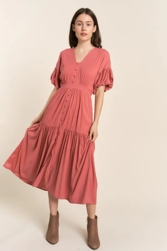 Mauve V Neck Button Down Midi Dress sold by Pinkblush