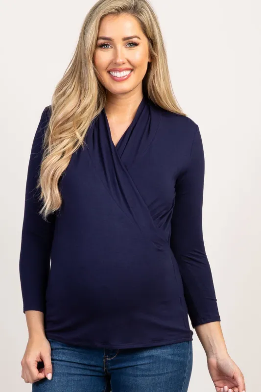 Navy Blue Long Sleeve Wrap Maternity/Nursing Top sold by Pinkblush