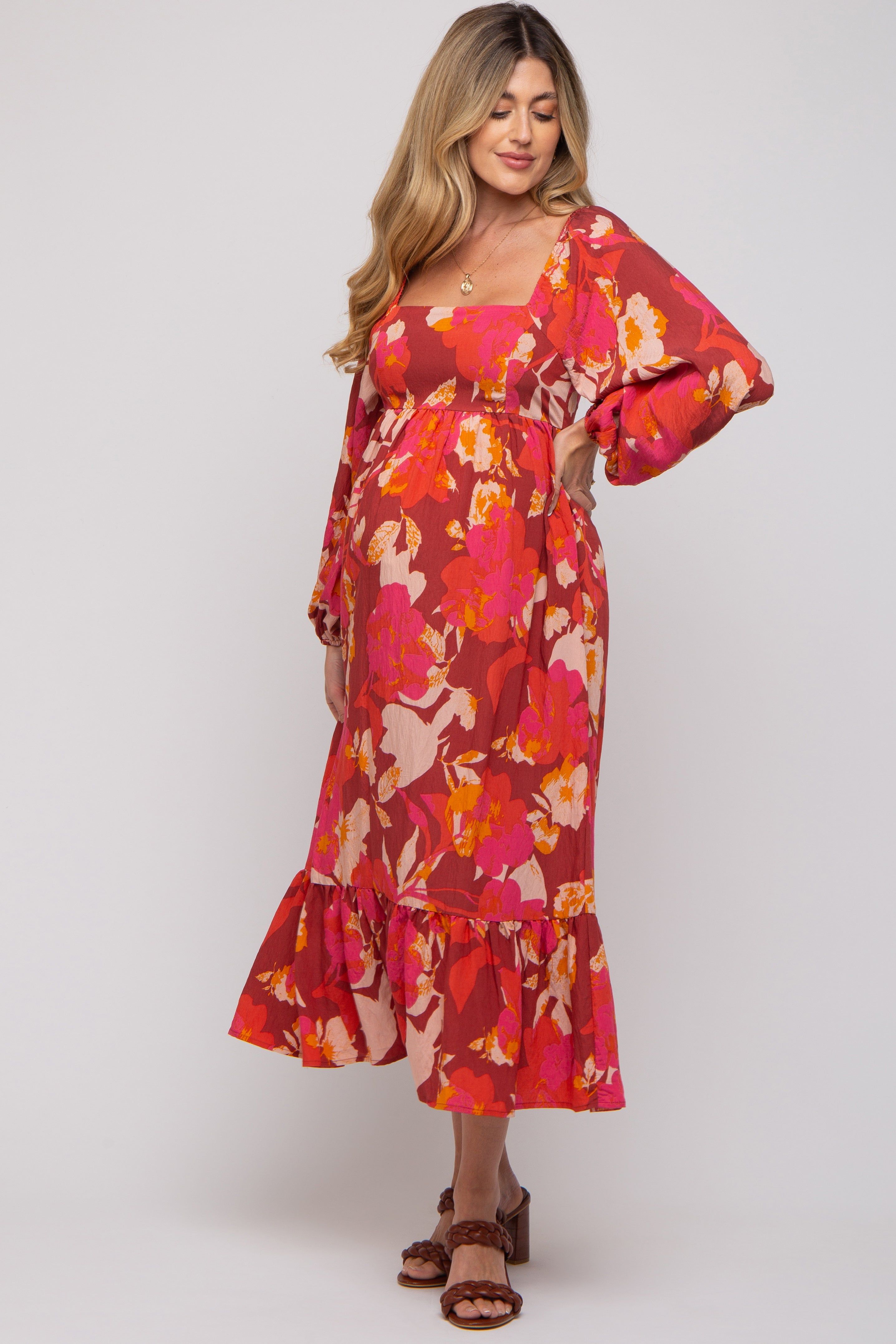 Rust Floral Square Neck Long Sleeve Maternity Midi Dress sold by Pinkblush product image thumbnail 5