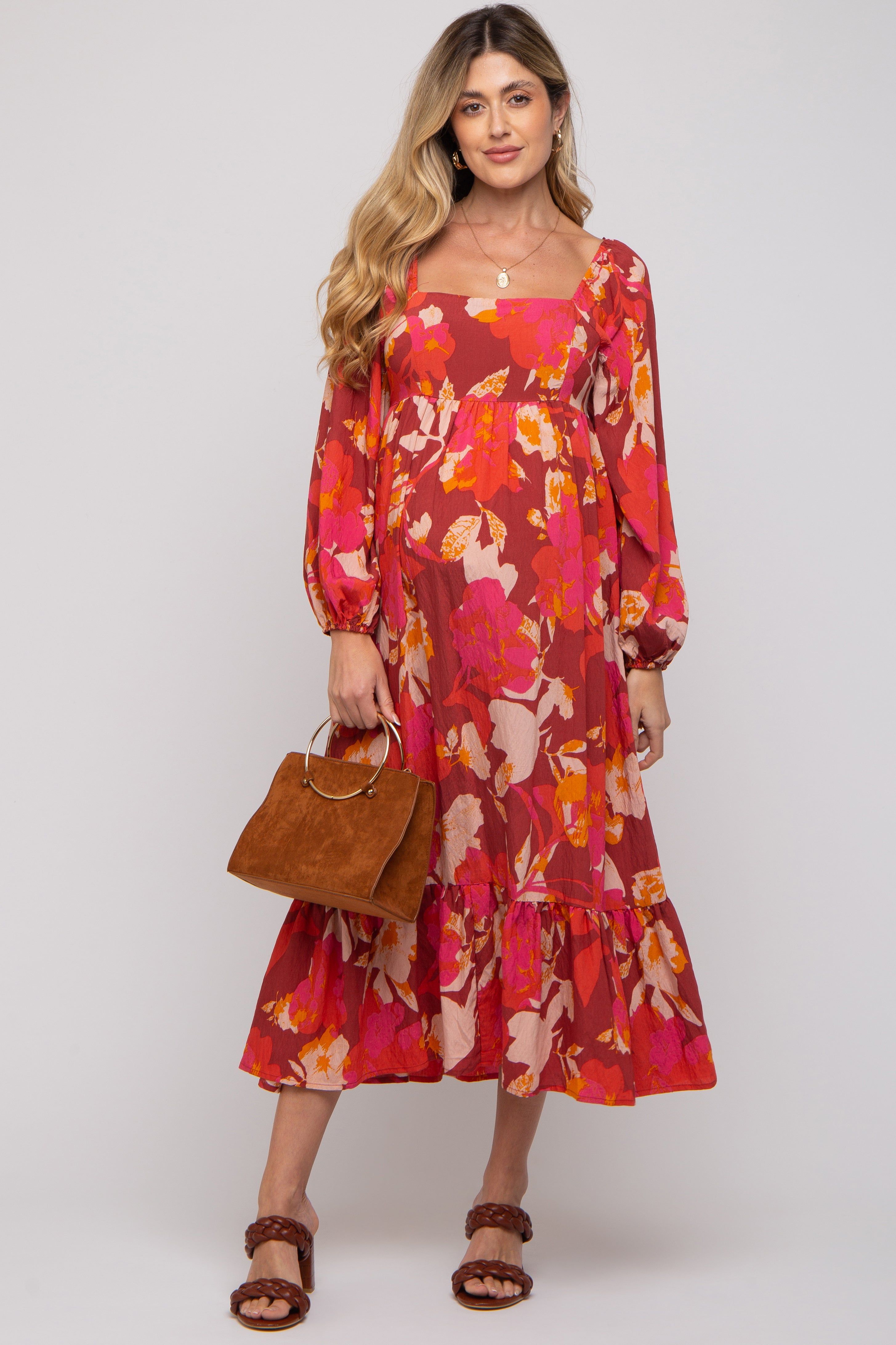 Rust Floral Square Neck Long Sleeve Maternity Midi Dress sold by Pinkblush product image thumbnail 2