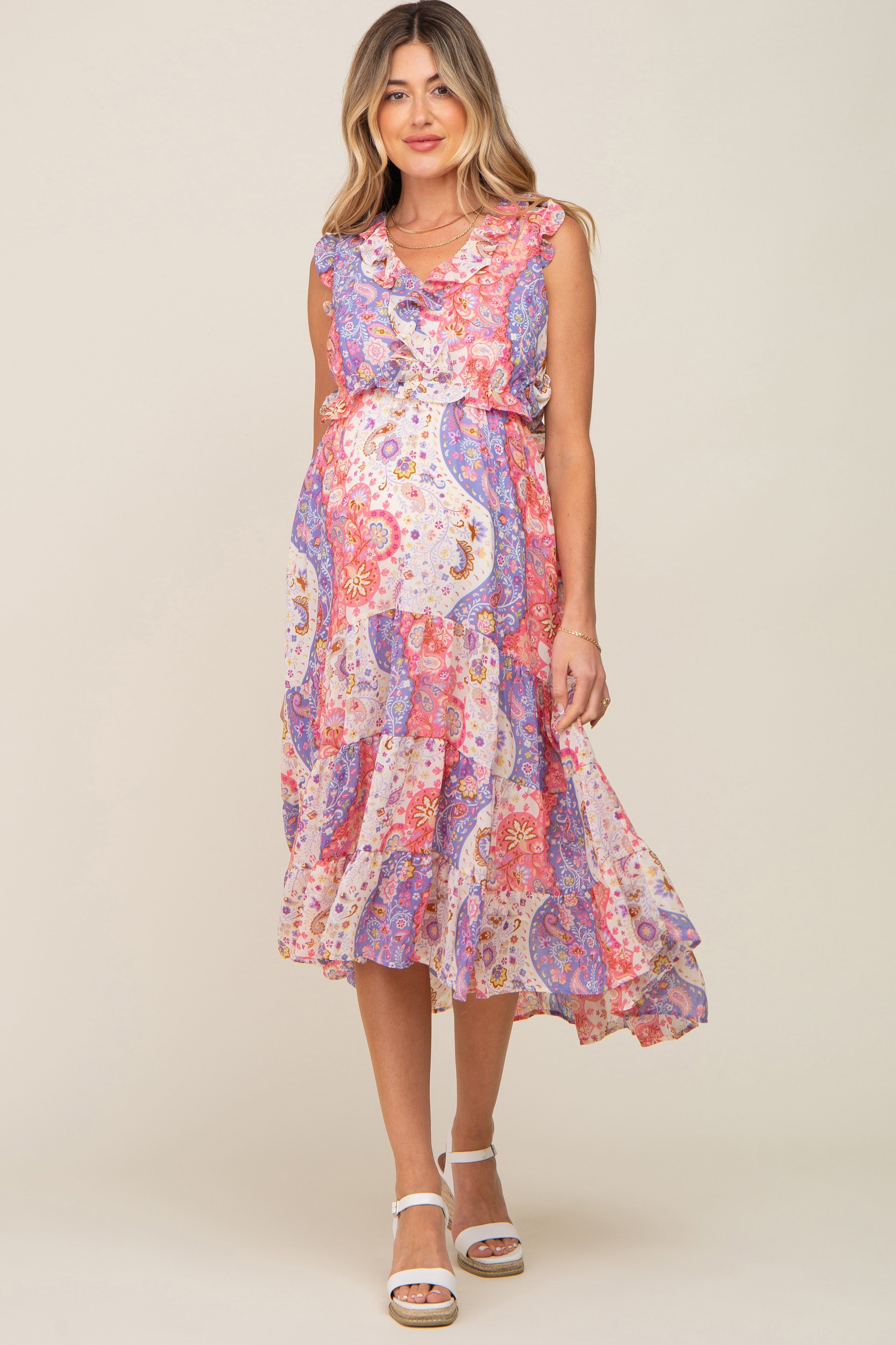 Pink Floral Paisley Ruffle Side Cutout Maternity Midi Dress sold by Pinkblush