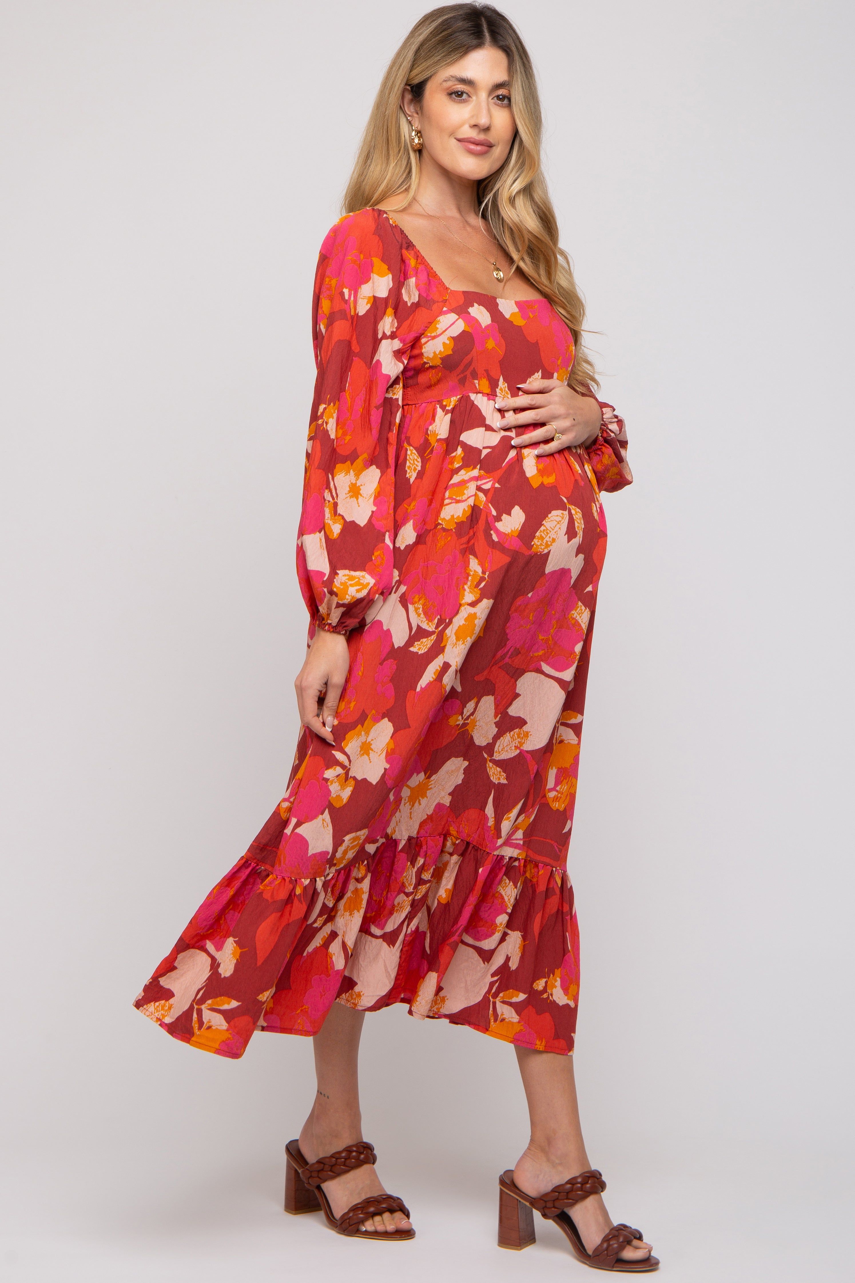 Rust Floral Square Neck Long Sleeve Maternity Midi Dress sold by Pinkblush product image thumbnail 3