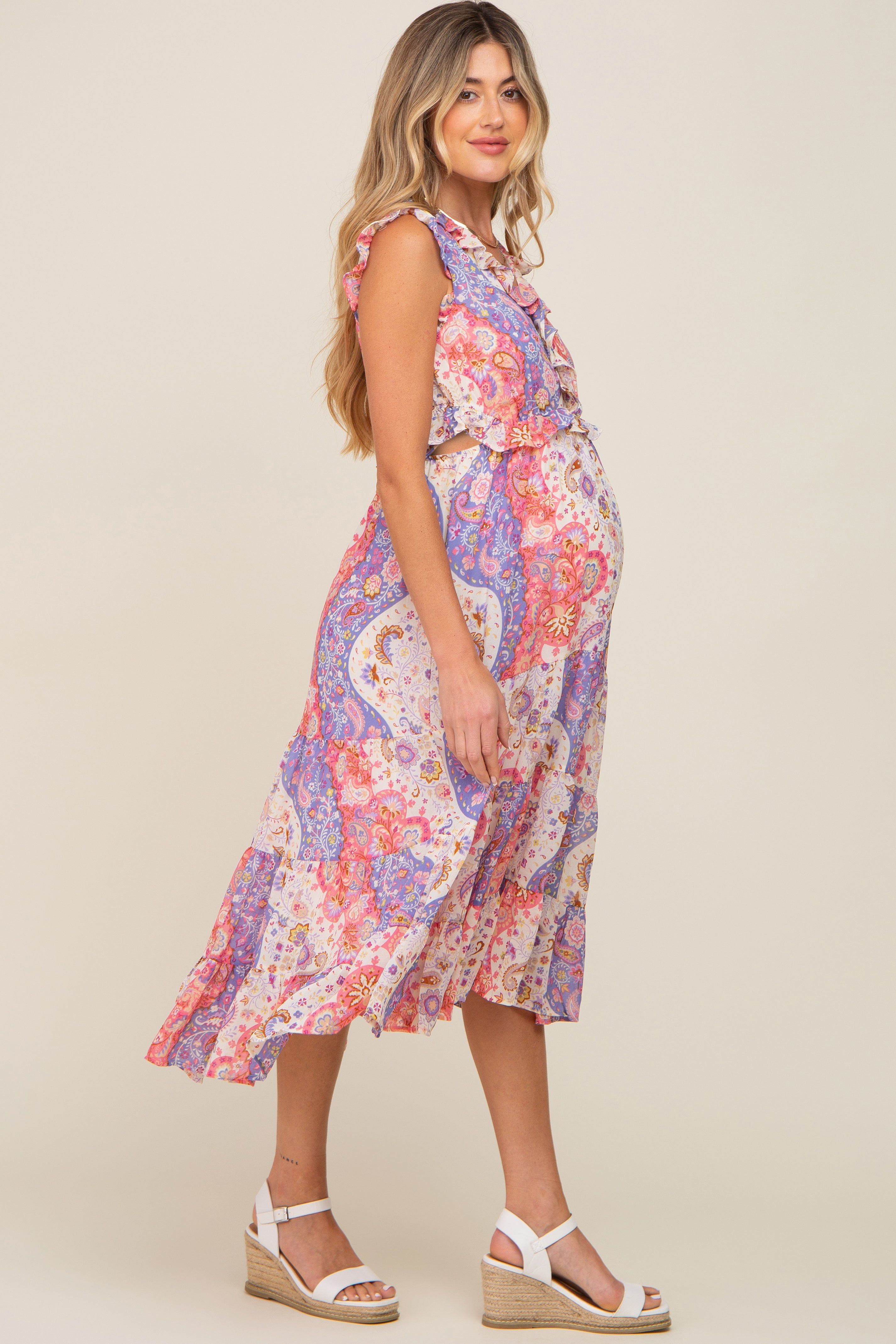 Pink Floral Paisley Ruffle Side Cutout Maternity Midi Dress sold by Pinkblush product image thumbnail 2