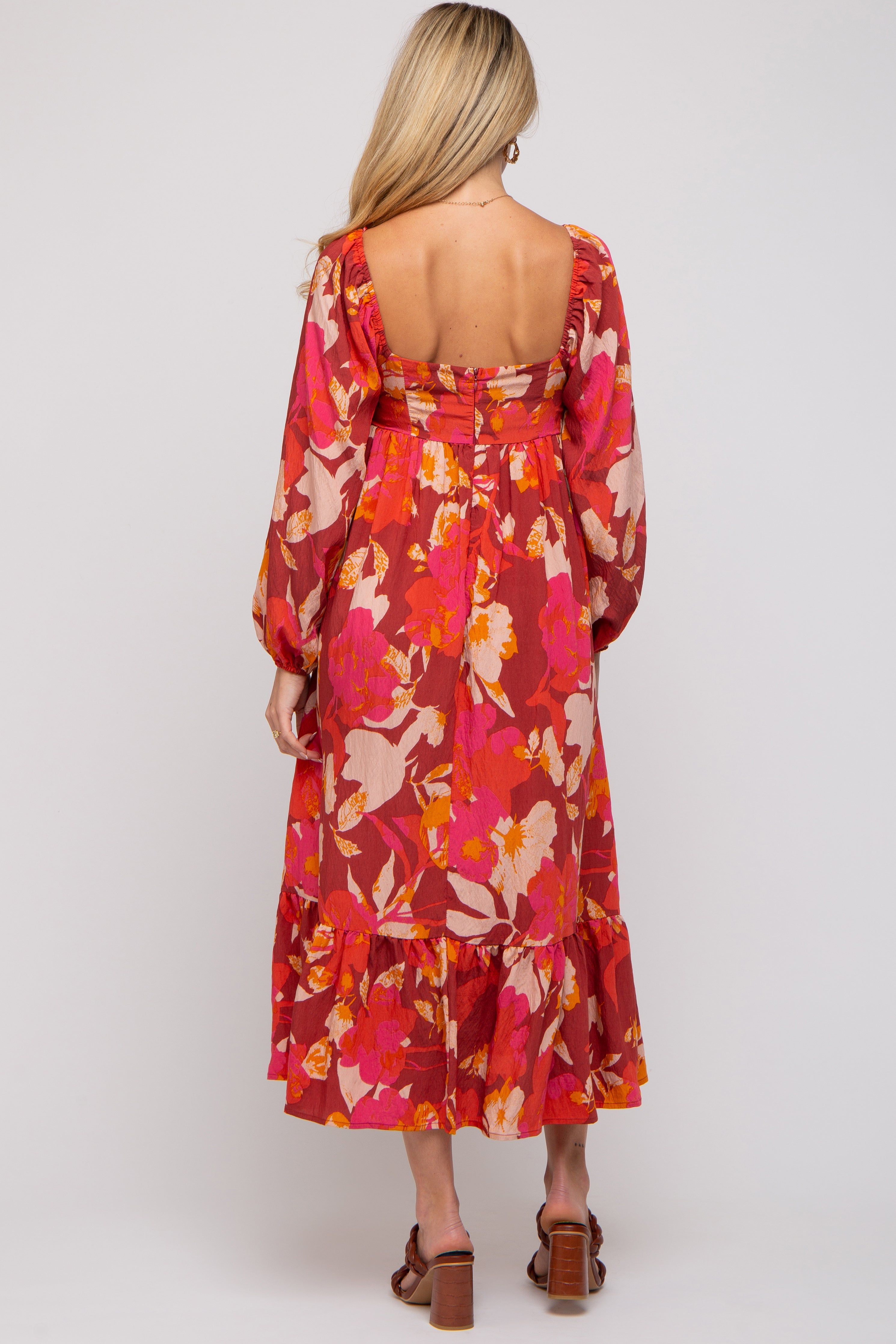 Rust Floral Square Neck Long Sleeve Maternity Midi Dress sold by Pinkblush product image thumbnail 4
