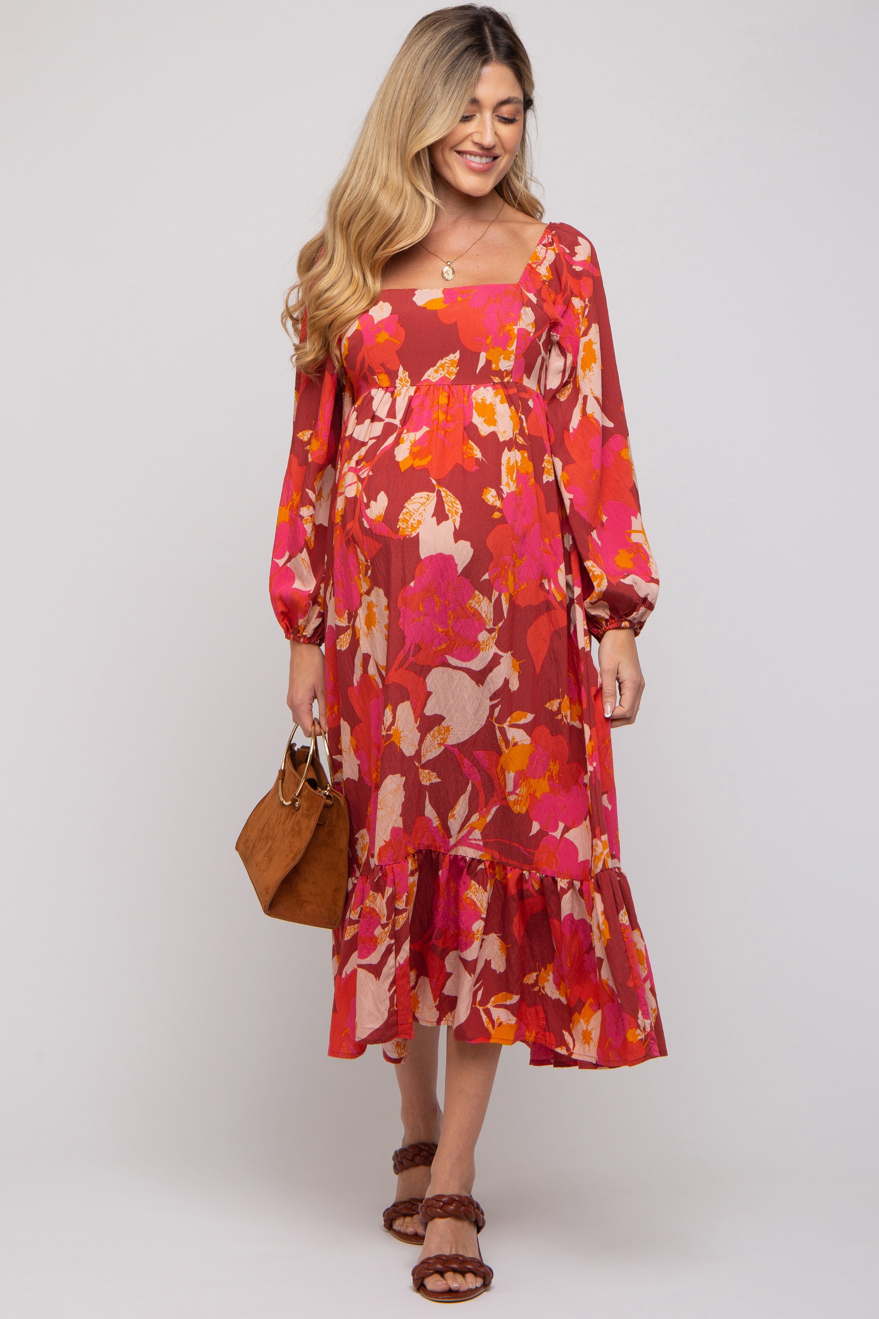 Rust Floral Square Neck Long Sleeve Maternity Midi Dress sold by Pinkblush