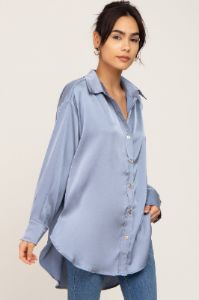 Blue Satin Button Up Blouse sold by Pinkblush