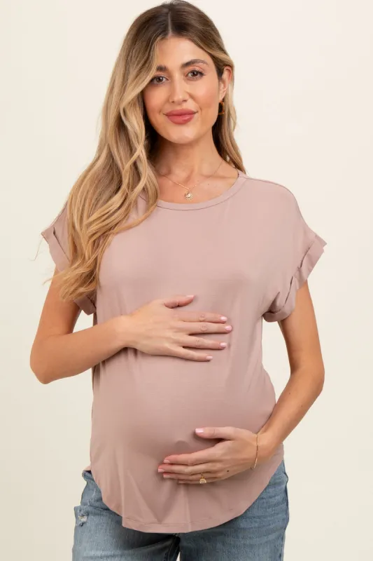 Beige Rolled Cuff Sleeve Maternity Top sold by Pinkblush