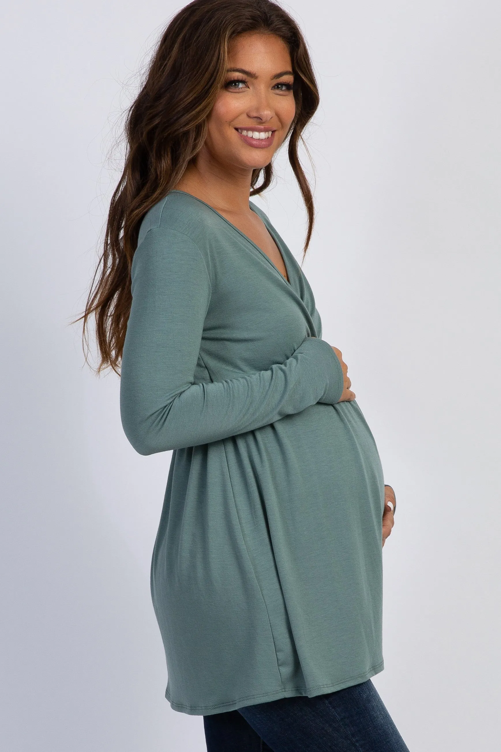 PinkBlush Olive Green Long Sleeve Wrap Front Maternity Nursing Top sold by Pinkblush product image thumbnail 2