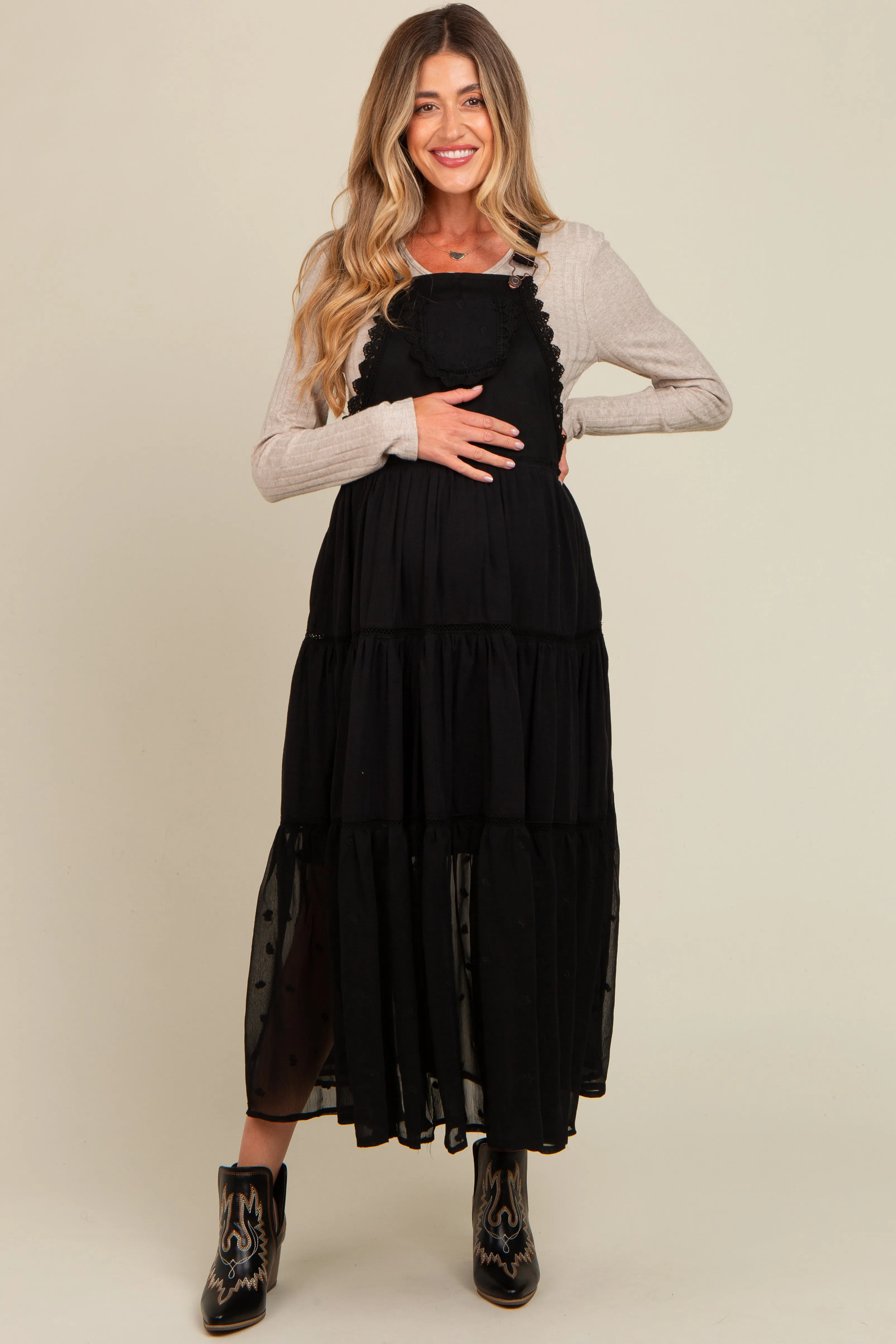 Black Overall Crochet Lace Tiered Maternity Dress sold by Pinkblush product image thumbnail 3