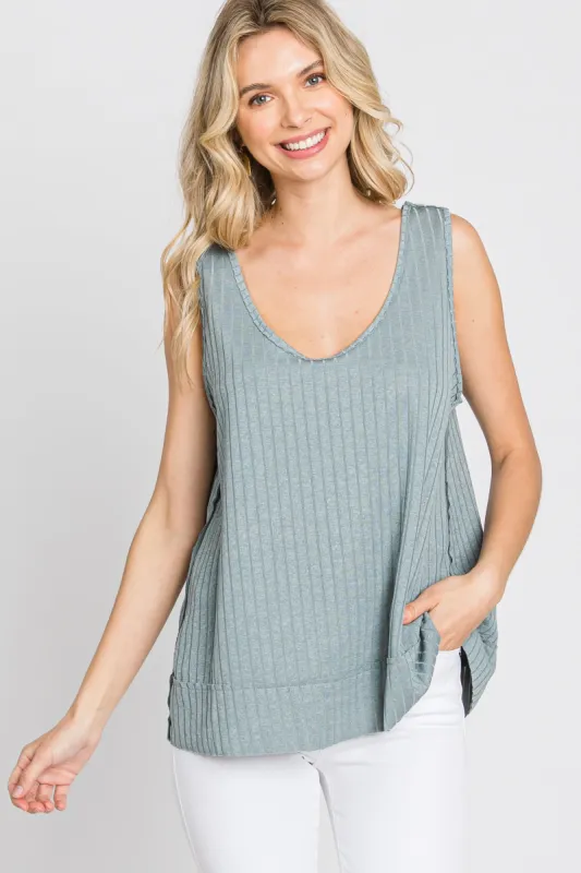 Slate Blue Ribbed Raw Hem Tank Top sold by Pinkblush