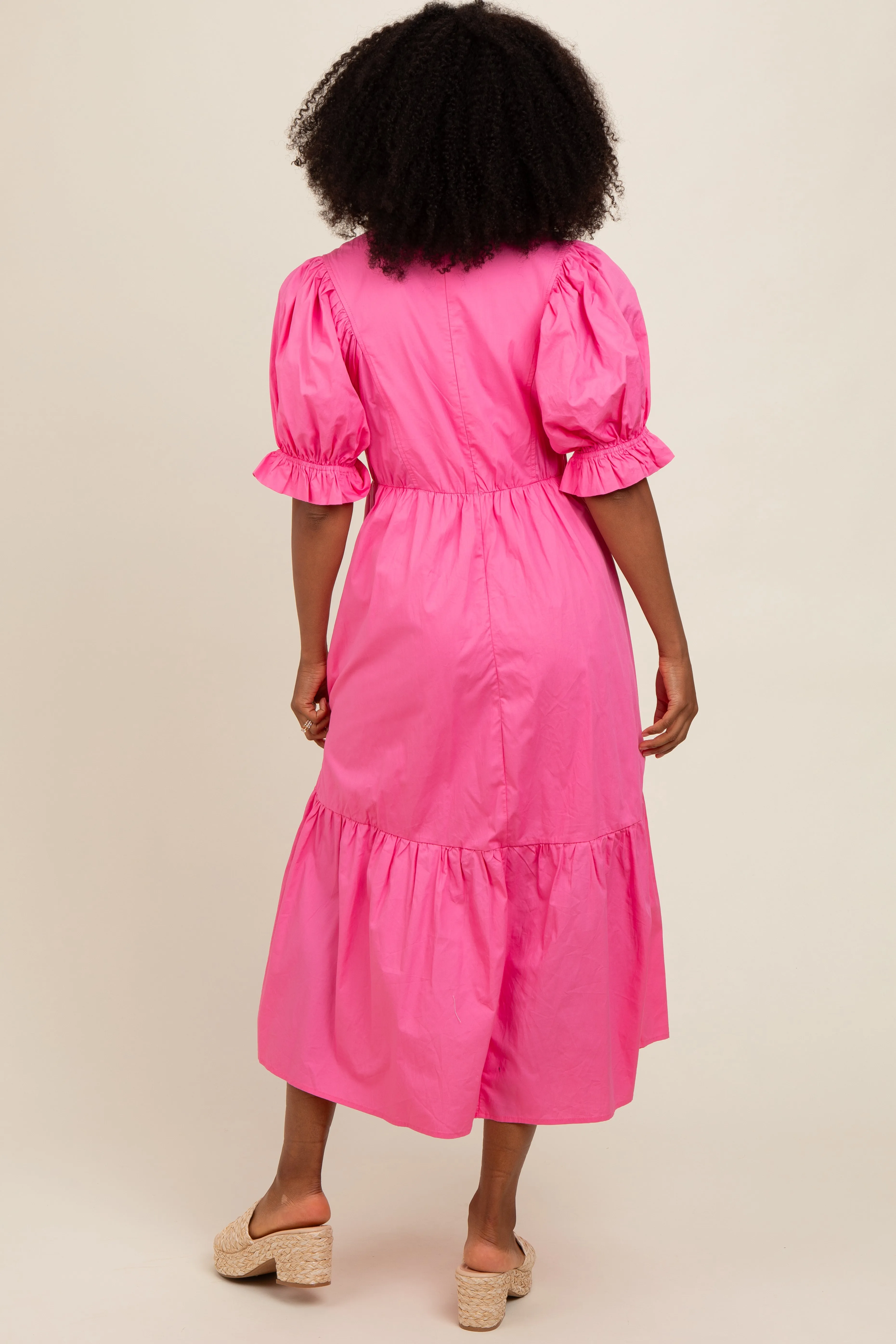 Fuchsia Short Puff Sleeve Tiered Midi Dress sold by Pinkblush product image thumbnail 4