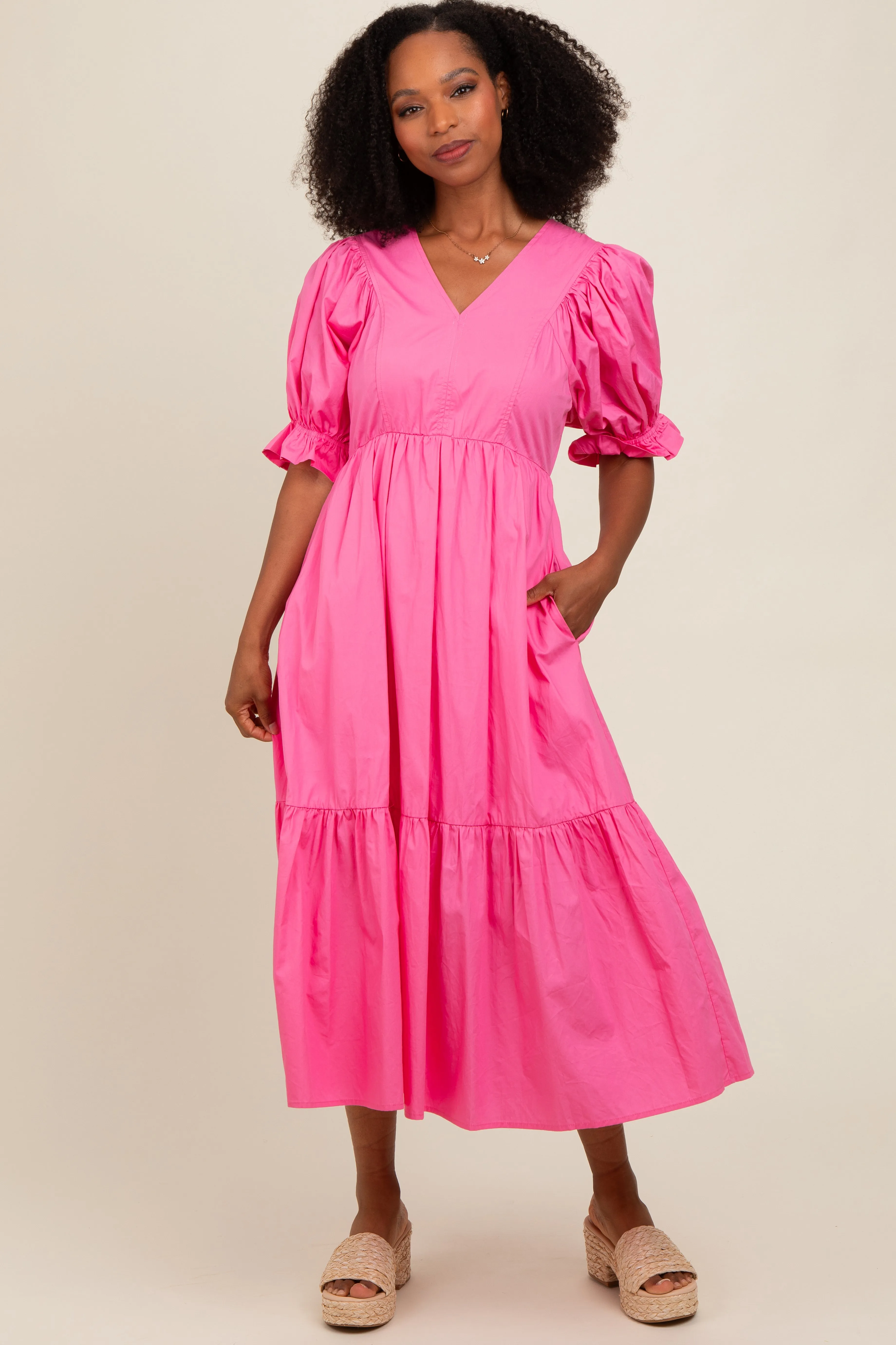 Fuchsia Short Puff Sleeve Tiered Midi Dress sold by Pinkblush
