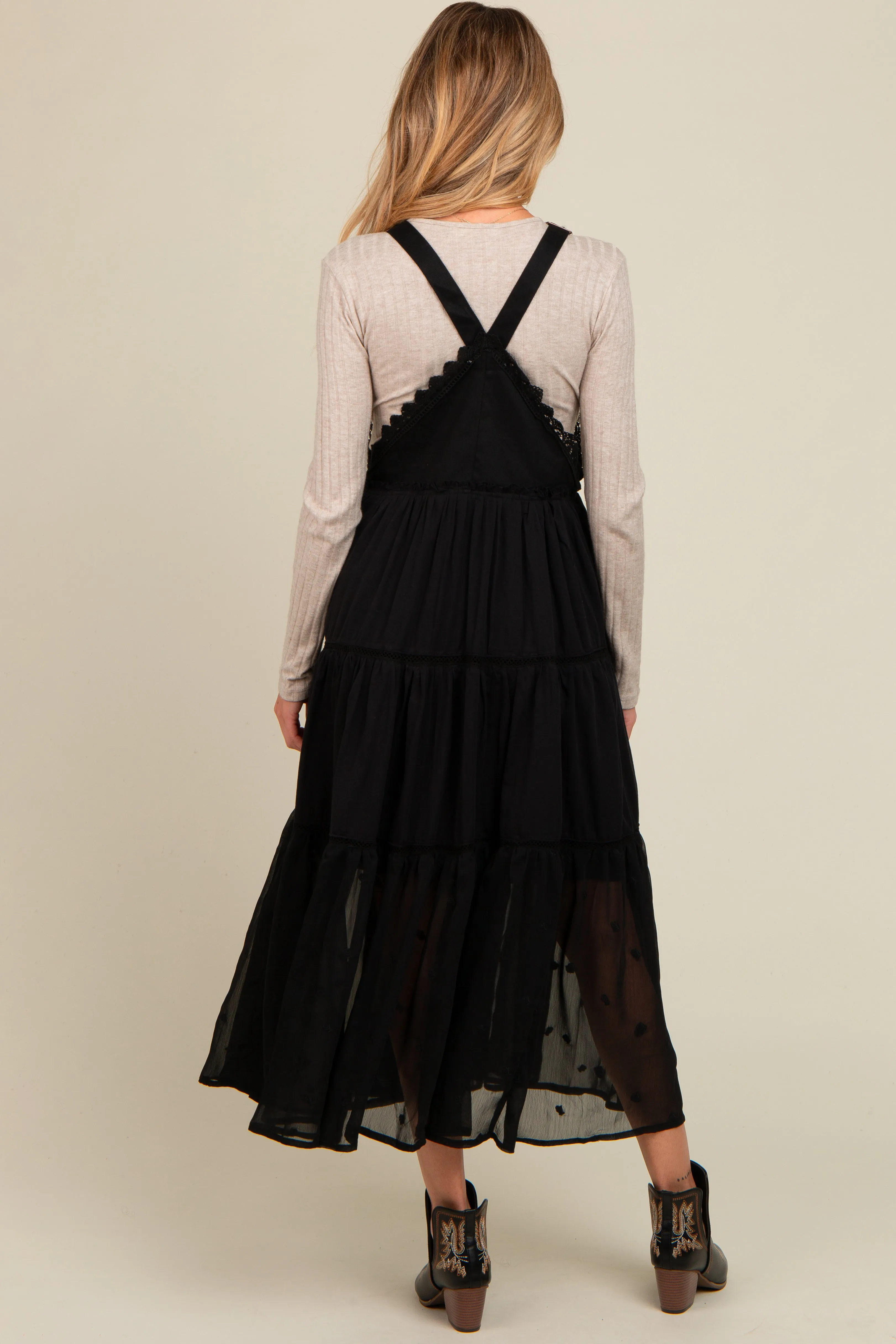 Black Overall Crochet Lace Tiered Maternity Dress sold by Pinkblush product image thumbnail 4
