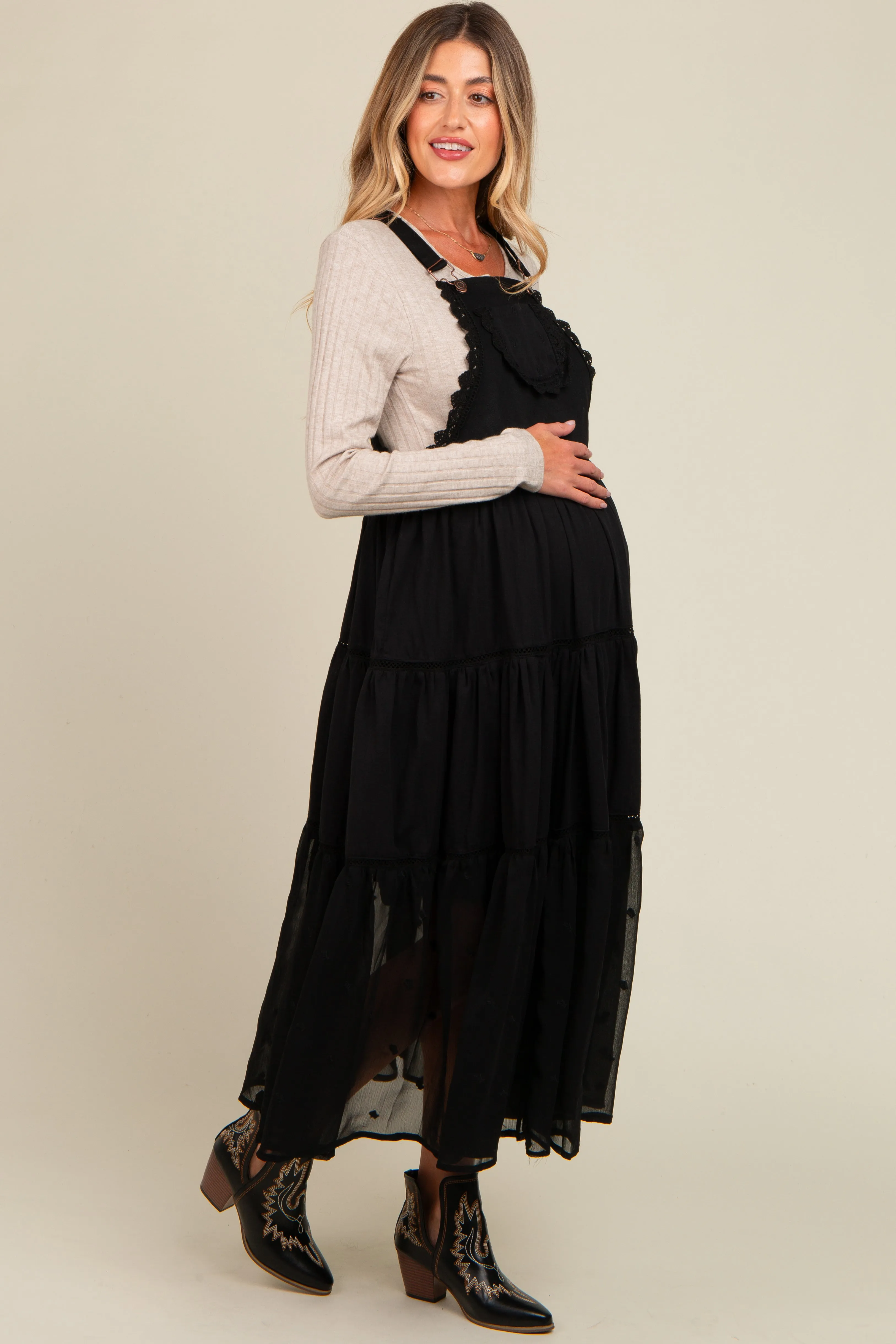 Black Overall Crochet Lace Tiered Maternity Dress sold by Pinkblush