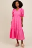 Fuchsia Short Puff Sleeve Tiered Midi Dress sold by Pinkblush