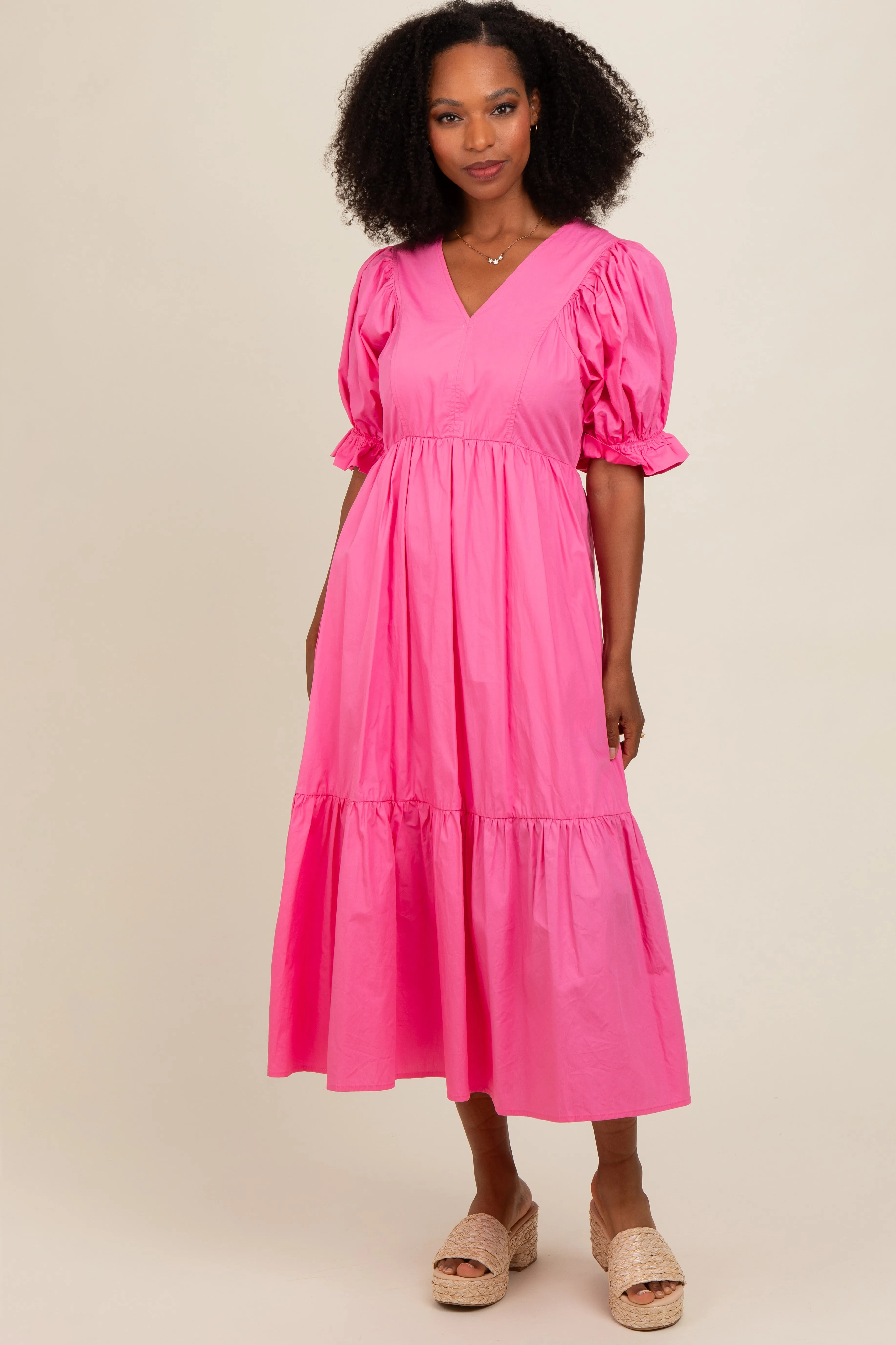 Fuchsia Short Puff Sleeve Tiered Midi Dress sold by Pinkblush product image thumbnail 2