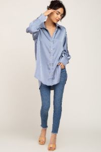 Blue Satin Button Up Blouse sold by Pinkblush
