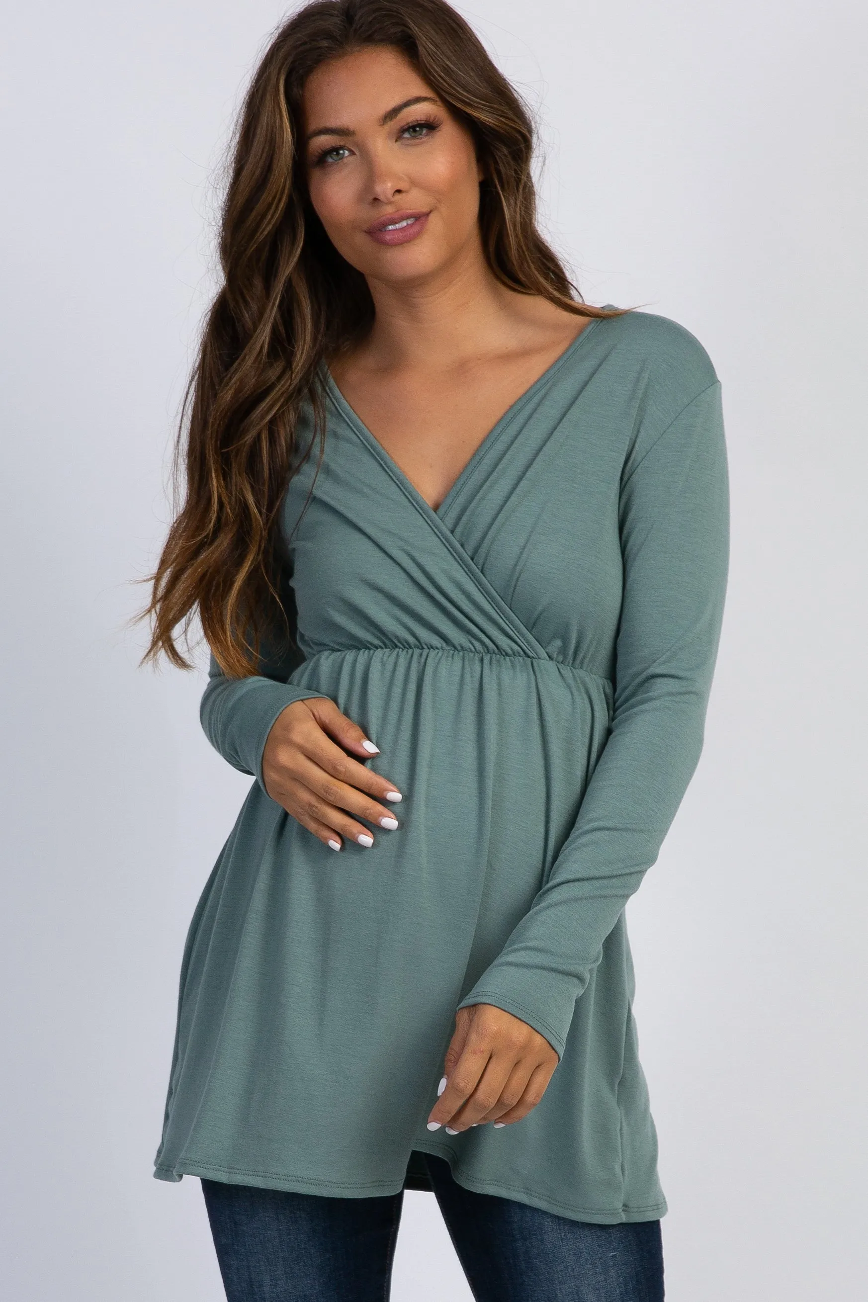 PinkBlush Olive Green Long Sleeve Wrap Front Maternity Nursing Top sold by Pinkblush