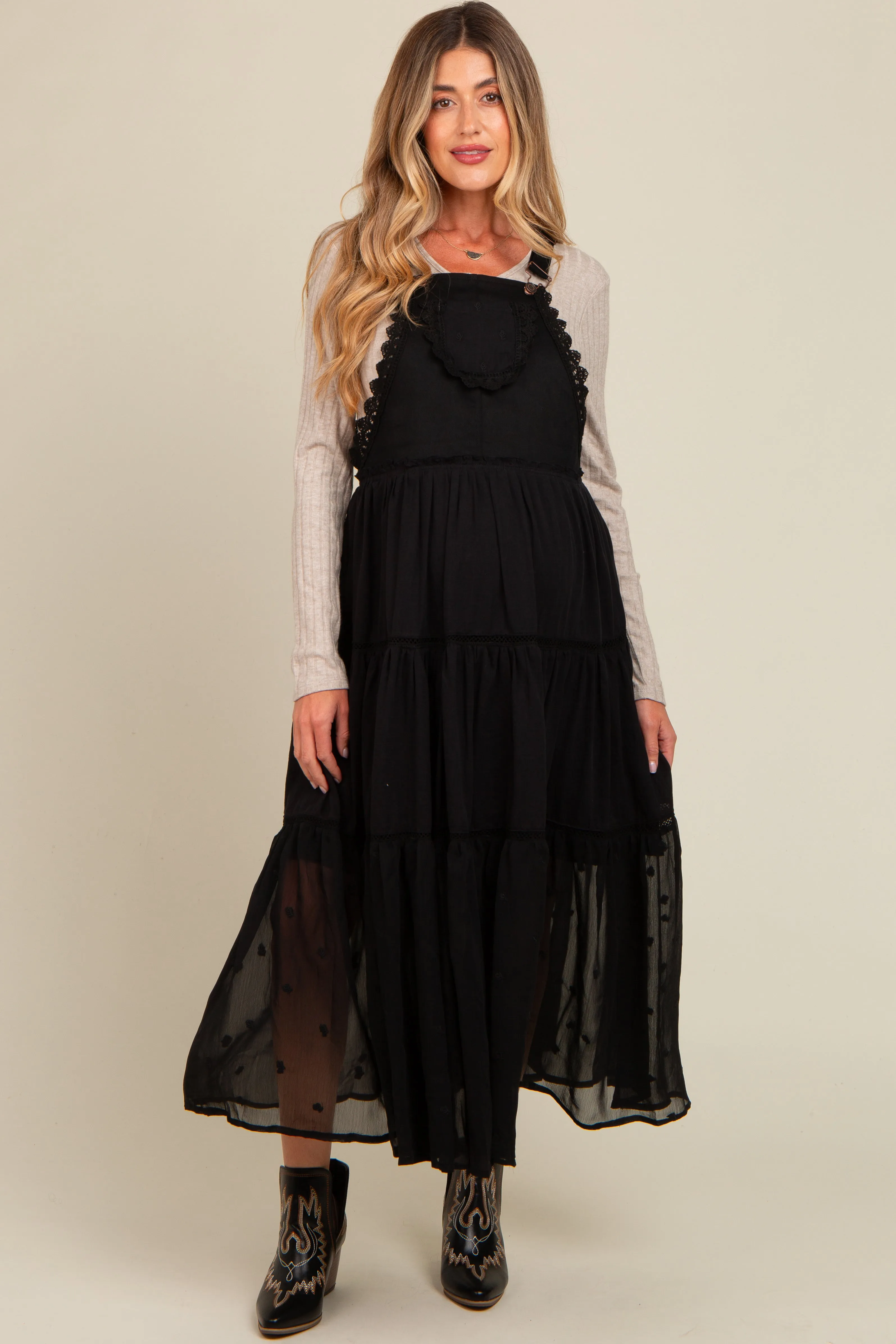 Black Overall Crochet Lace Tiered Maternity Dress sold by Pinkblush product image thumbnail 2