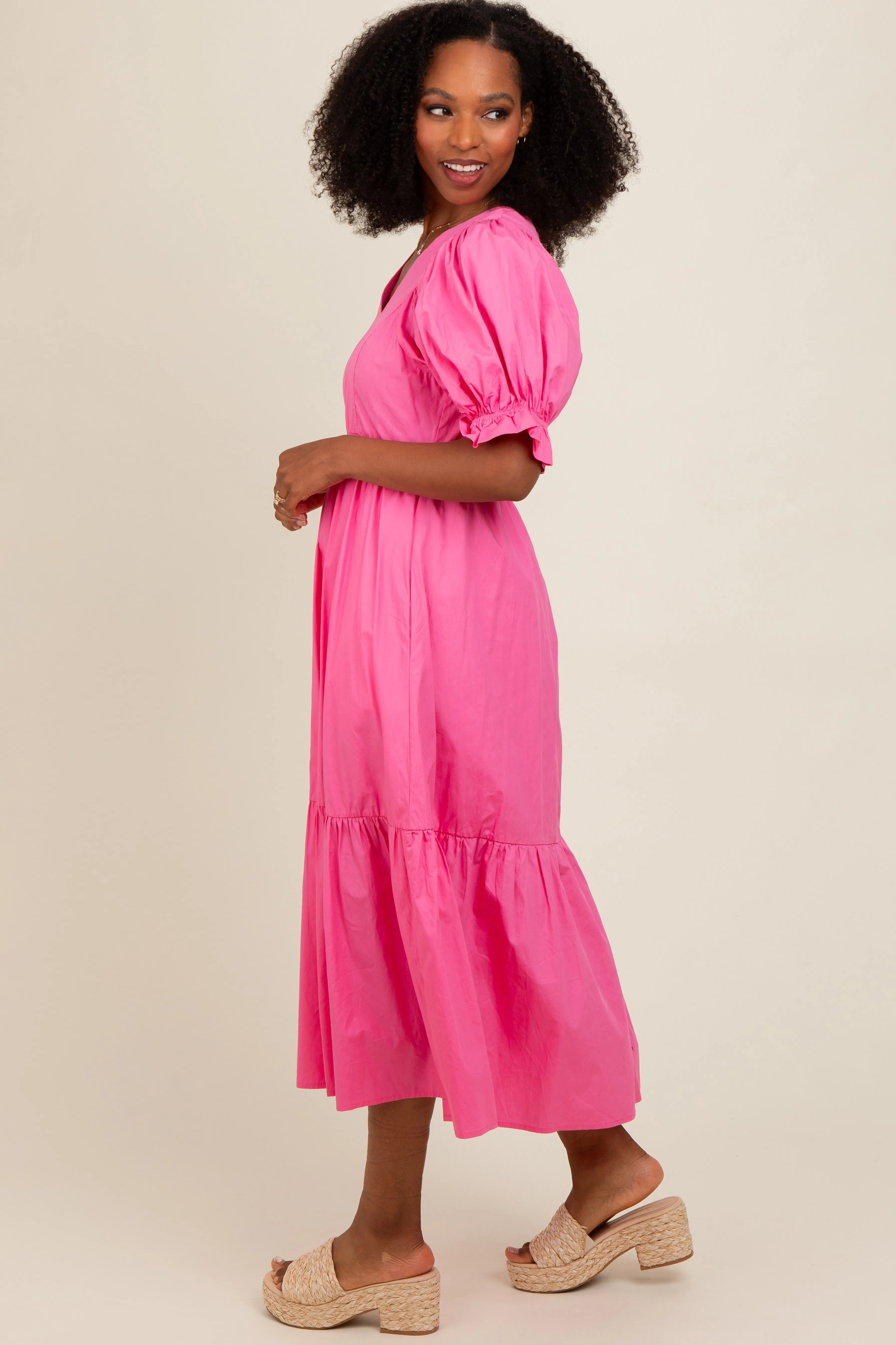 Fuchsia Short Puff Sleeve Tiered Midi Dress sold by Pinkblush product image thumbnail 3