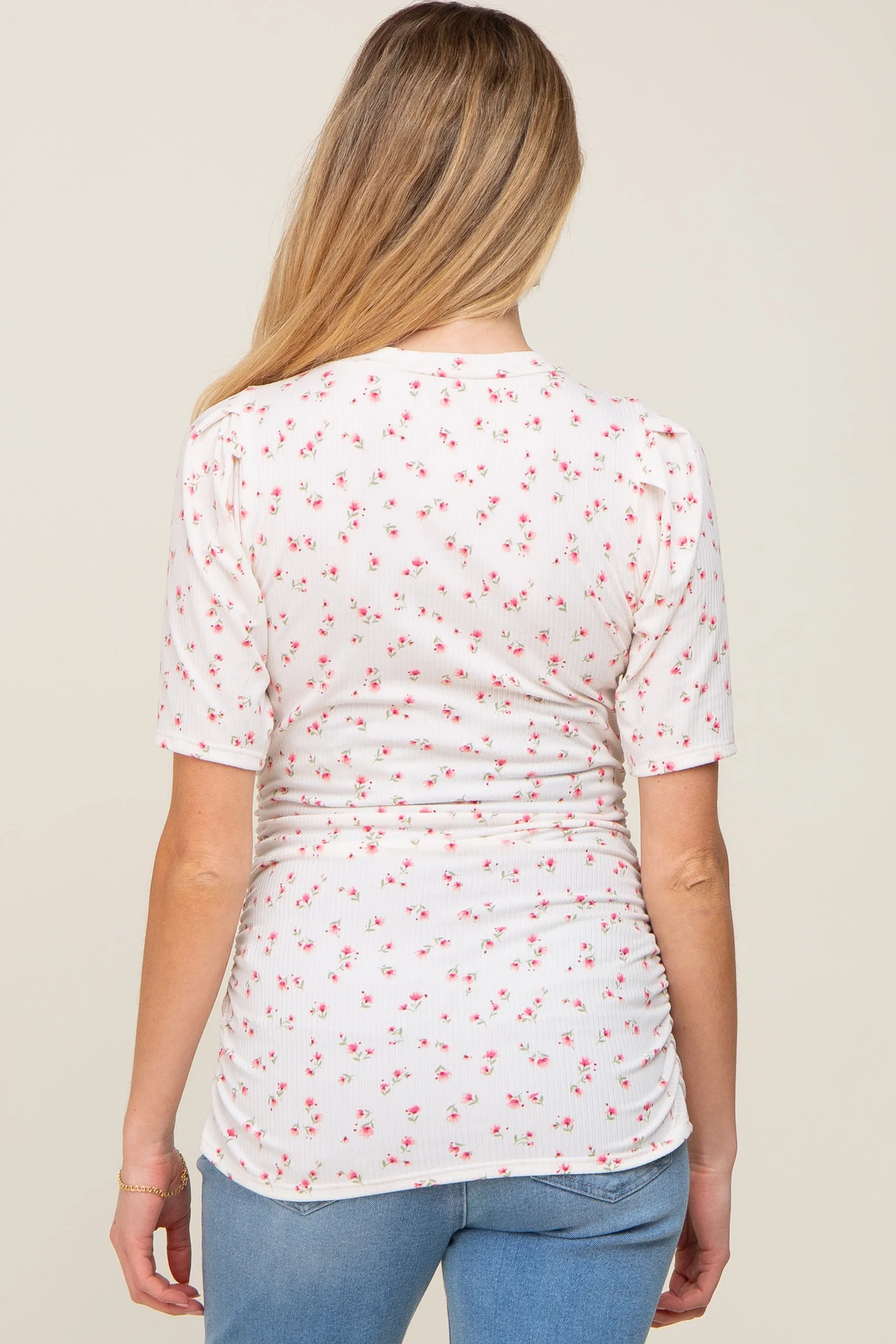 Ivory Floral Side Ruched Maternity Short Sleeve Top sold by Pinkblush product image thumbnail 3