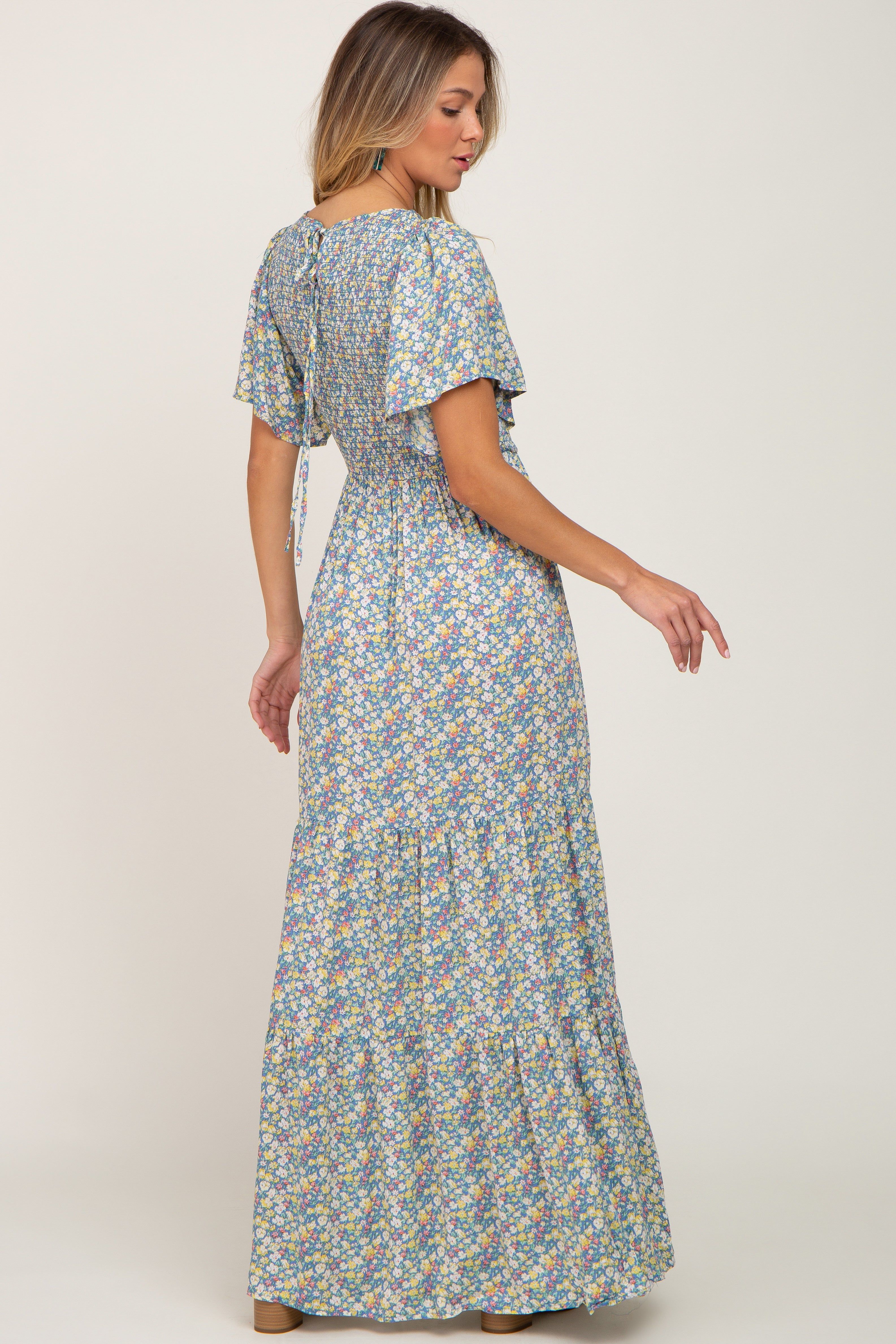 Blue Floral Smocked Tiered Maxi Dress sold by Pinkblush product image thumbnail 3