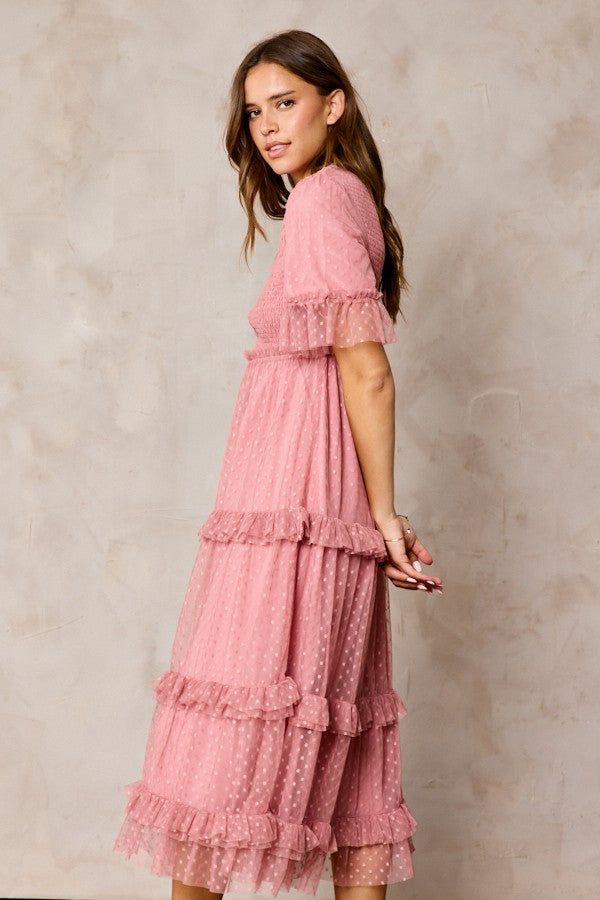 Pink Polka Dot Tulle Smocked Midi Dress sold by Pinkblush product image thumbnail 3