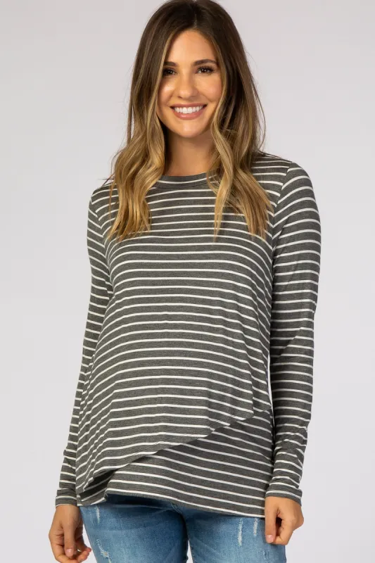 Charcoal Striped Layered Front Long Sleeve Maternity/Nursing Top sold by Pinkblush